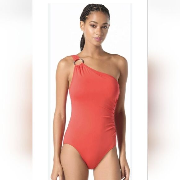Michael Kors Embellished One-Shoulder One-Piece Swimsuit NWOT Sz 6 Red - Picture 1 of 6